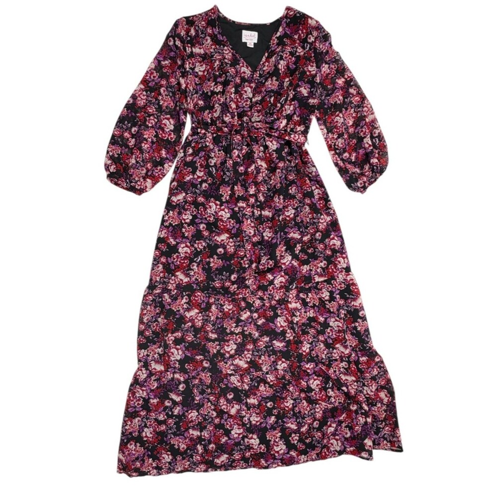 Isabel Maternity Black Red Purple Floral Maxi Dress Tie Waist Lined XS
